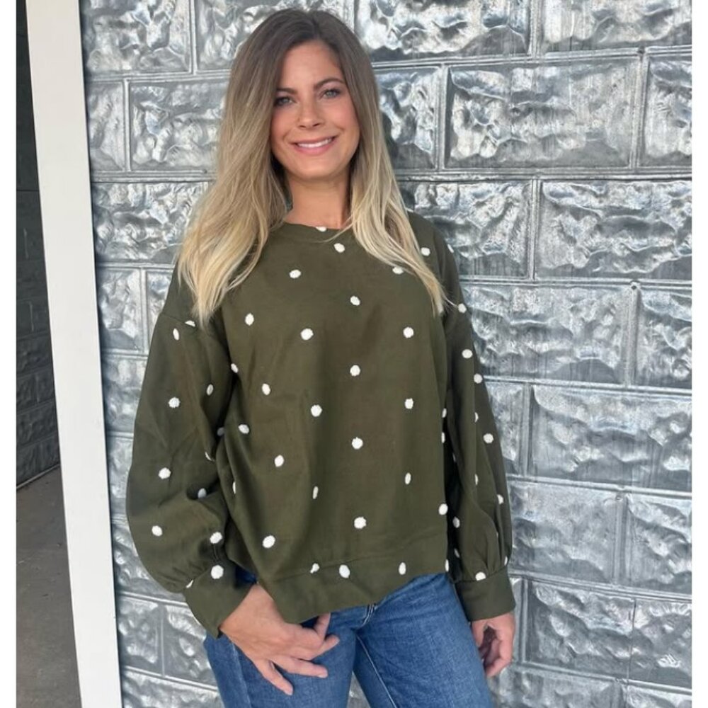 ANDTHEWHY Sz. M Olive Green Polka Dot Sweatshirt
